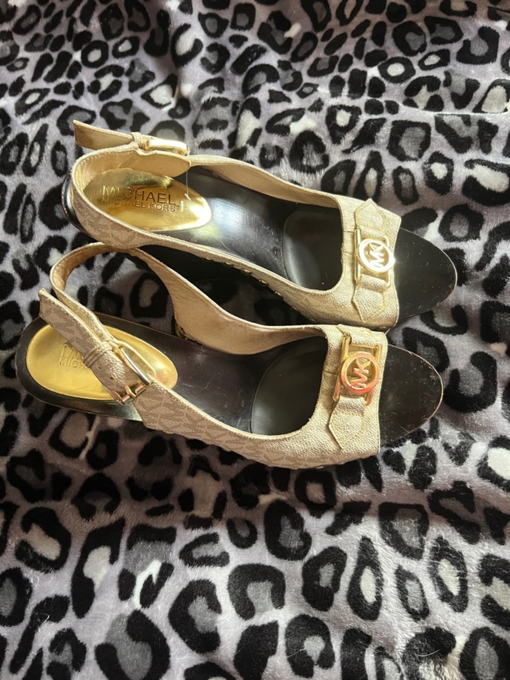 Michael Kors Beige Slingback Peep-Toe Heels with Gold MK Accent